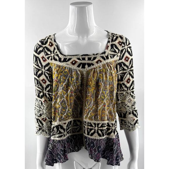 Freeway Top Size Size Medium Black Yellow Floral Boho Embroidered Blouse Womens - Picture 7 of 7